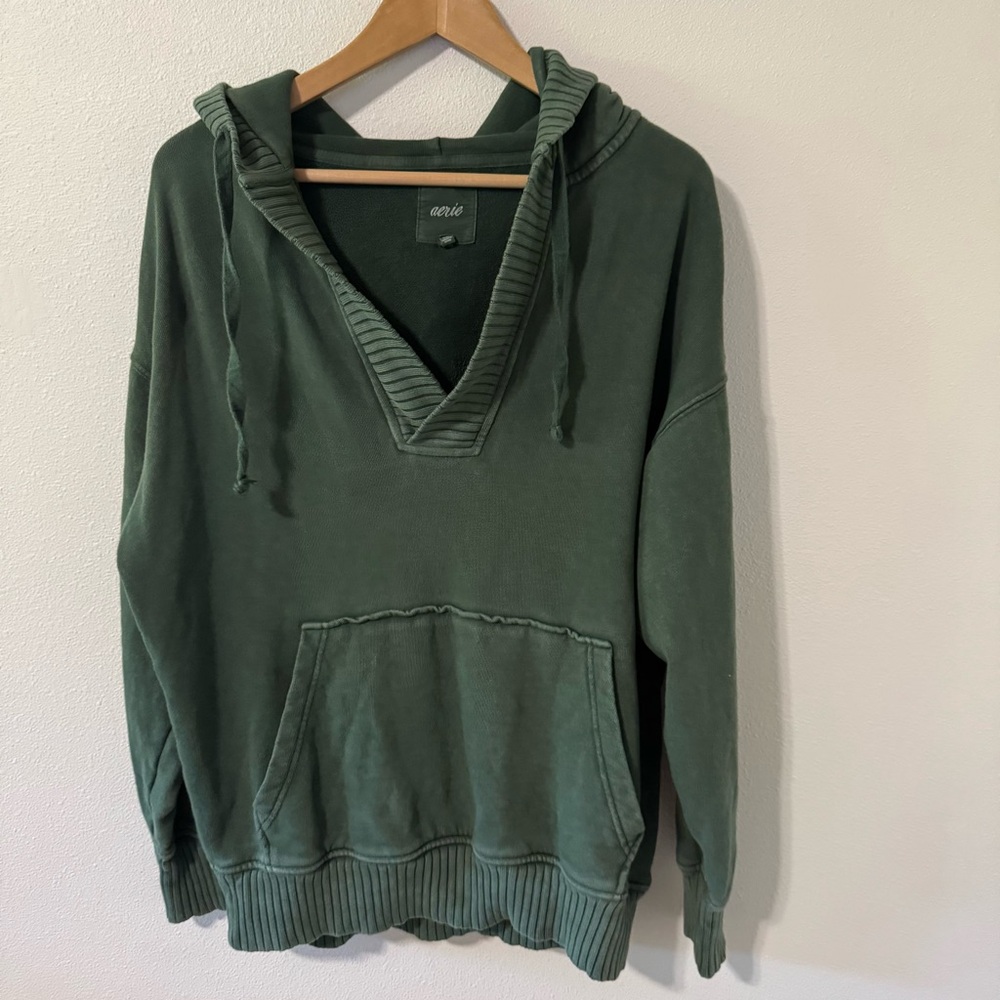 Aerie Down to Earth Henley Hoodie Oversized Slouchy Garment Dyed Green 2022-XS - Picture 1 of 10
